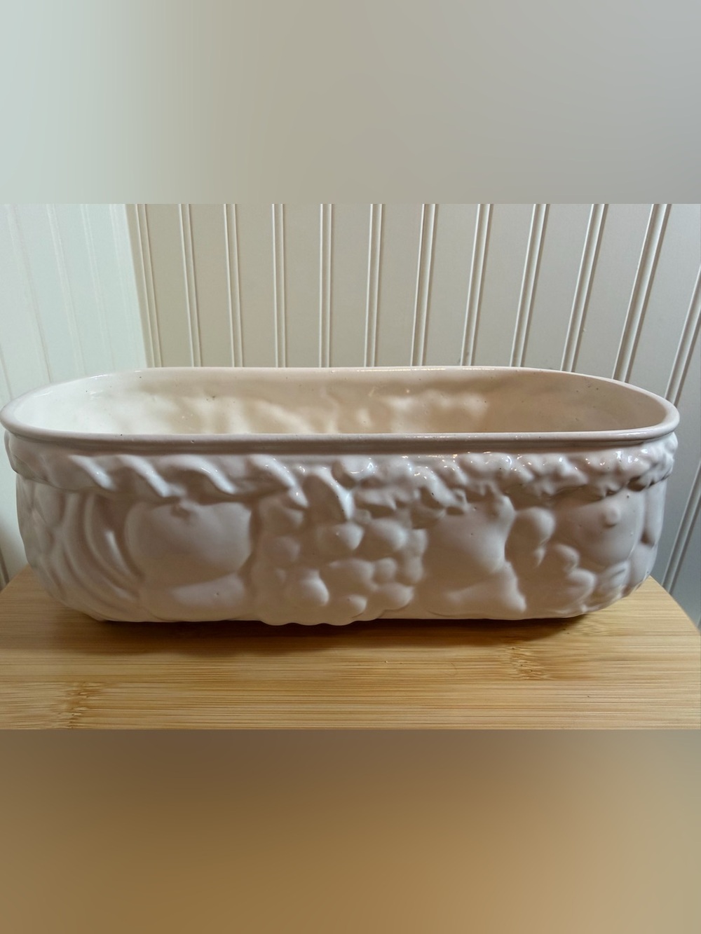 Vintage Mid-Century Modern White Fruit Embossed Rectangular Planter